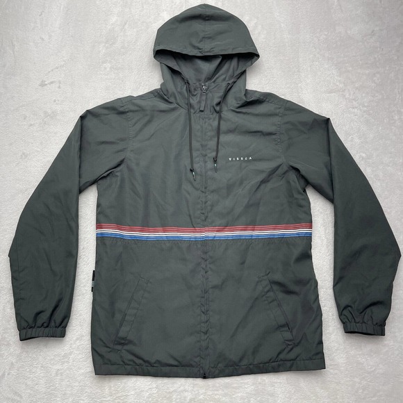Vissla Jacket Mens Small Black Full Zip Windbreaker Hooded Striped Outdoor - Picture 1 of 12